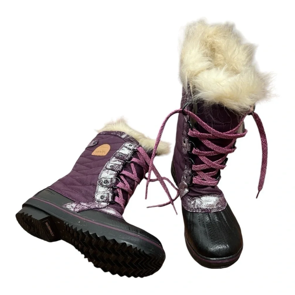 Sorel Tofino II Snow Boots Quilted Faux Fur Purple Shimmer EUC Sz 5